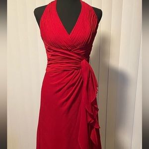 David’s Bridal V-Neck Black Halter Maxi dress with pleated and ruffle detail.